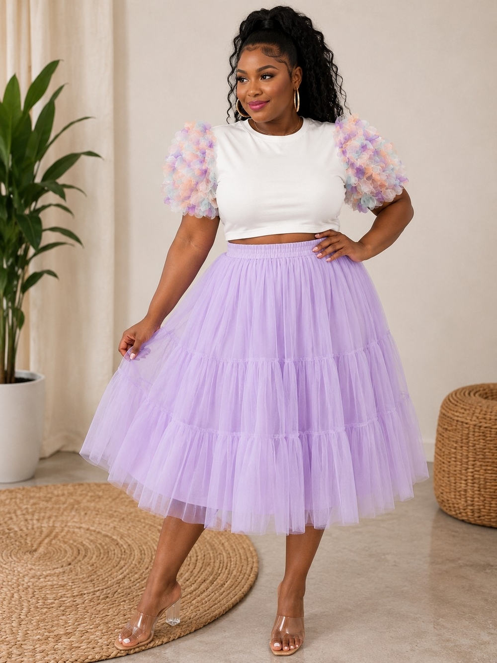Pastel Floral Puff Sleeve Cropped Top | White Crop Tee | Statement Sleeves